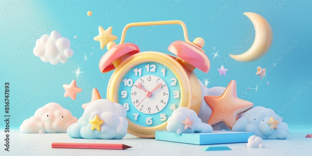 Poster an alarm clock surrounded by clouds and stars. ideal for concepts related to time, dreams, and relax