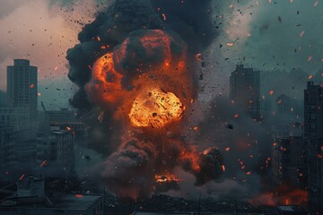 The catastrophic city explosion disaster scenario, urban fire. Chaos. And destruction with flames. Smoke. And debris