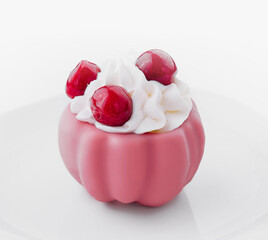 Gourmet raspberry mini cake on white plate