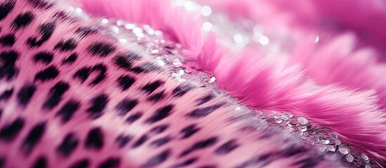 A trendy background with clashing animal print cloth and pink fabric made of faux fur and sparkling sequined textile perfect for copy space and text placement