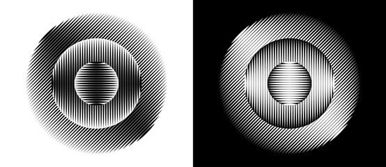 Transition parallel lines in circles. Abstract art geometric background for logo, icon, tattoo. Black shape on a white background and the same white shape on the black side.
