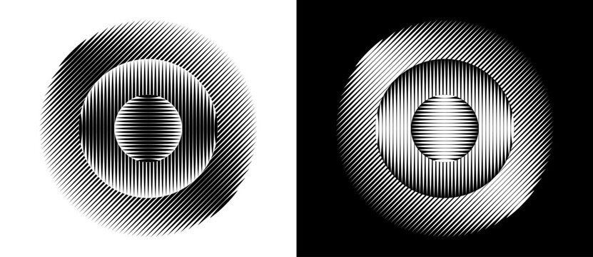 Transition parallel lines in circles. Abstract art geometric background for logo, icon, tattoo. Black shape on a white background and the same white shape on the black side.