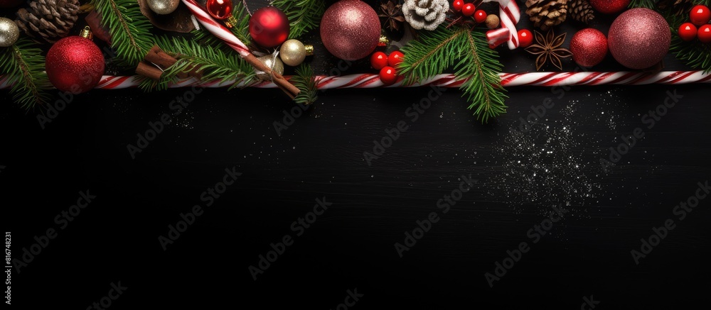 Poster top view of a christmas themed dark background adorned with decorative ornaments candy canes christm