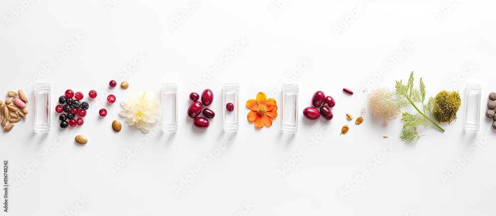 Poster top view of a natural alternative medicine setup with herbal remedies in capsules and a cranberry ov