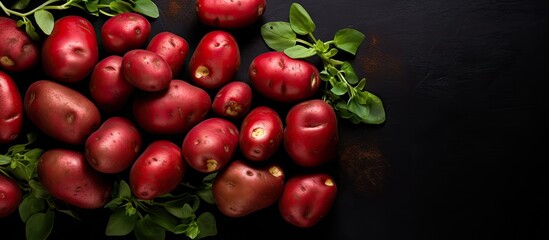 Top view image of a solitary cluster of red potatoes set against a black background and accompanied by ample copy space
