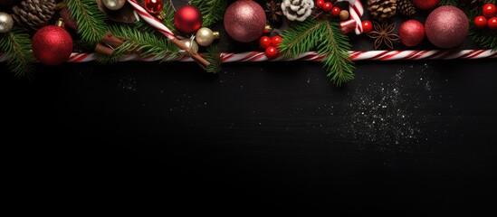 Top view of a Christmas themed dark background adorned with decorative ornaments candy canes Christmas balls and a fir branch providing ample space for adding an image