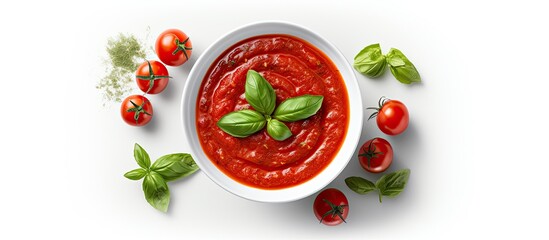A top view copy space image shows a bowl of tomato sauce with fresh green basil and cherry tomatoes on a white background