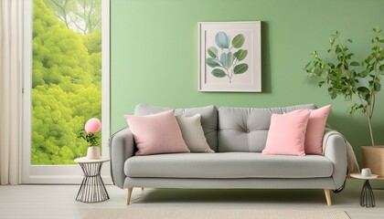 Modern living room with grey sofa and frame, green wall close up decoration in front of the window.
