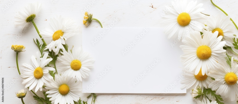 Poster top view of a white background with a copy space image featuring stunning chamomile flowers and an e