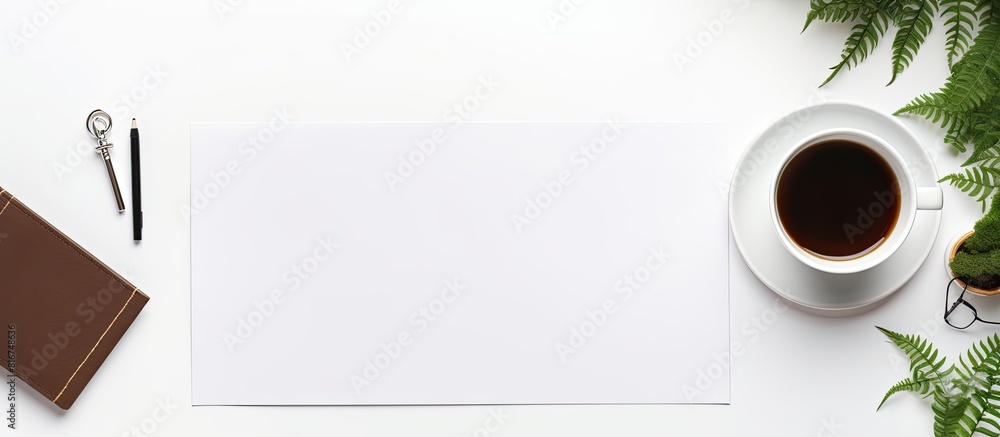 Poster top view of a white office desk with black coffee a blank board and various equipment for working cr