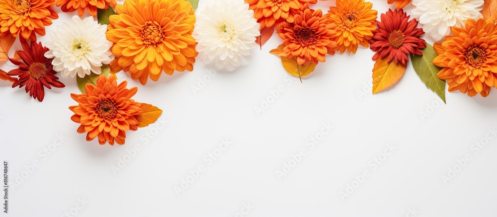 Poster top view of a fall themed flat lay with beautiful orange flowers on a white background creating an a