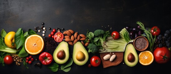 Top view of a flexitarian Mediterranean diet on a dark background showcasing a flat lay of healthy food Perfect for a copy space image emphasizing the concept of wellness