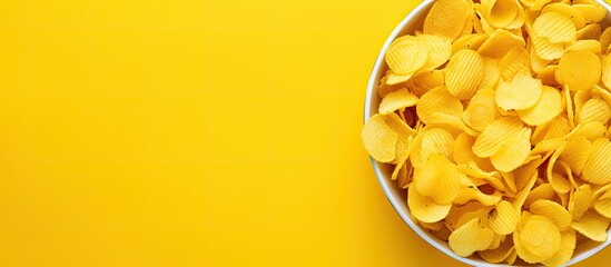 A top view of a copy space image featuring crispy potato chips placed on a vibrant yellow background
