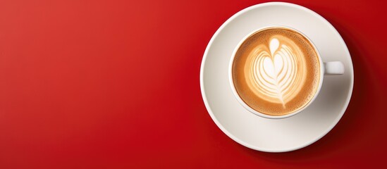 A top view of a white cup of cappuccino on a white saucer placed on a red background The image includes empty space for adding text. Copyspace image