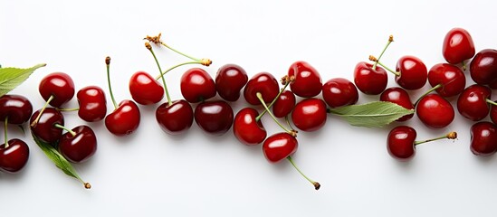 Naklejka na ściany i meble Top view of a captivating copy space image showcasing a vibrant frame of fresh red cherries on a pristine white background Perfect for designs centered around the themes of health food and the freshn