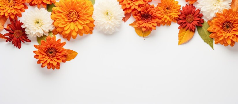Top view of a fall themed flat lay with beautiful orange flowers on a white background creating an autumn inspired composition with ample copy space