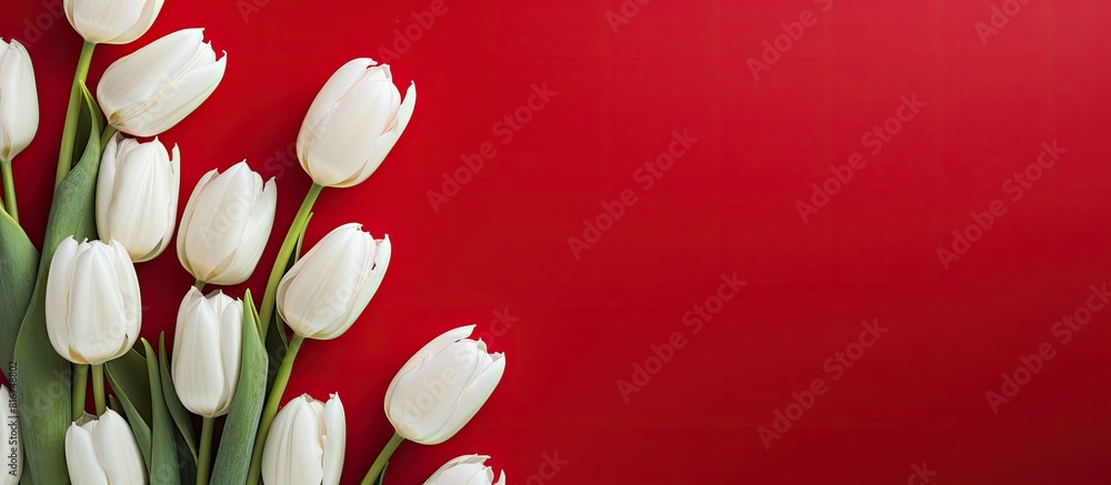 Aufkleber a top down view of white tulips arranged on a red background with space for text or images it repres