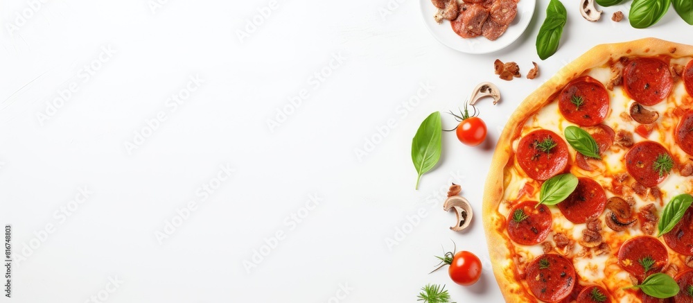 Poster top view of a white background with a smartphone displaying a blank screen alongside slices of pizza