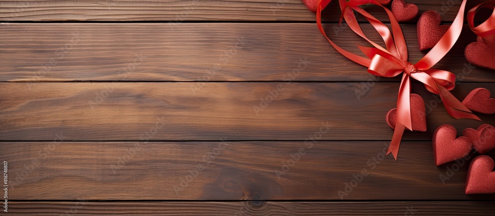 Poster a top down view of heart shaped ribbons on a wooden table creating a concept of valentine s day ther