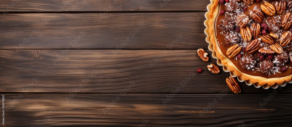 Poster top view of a delicious nut and caramel tart on a wooden background with ample copy space for additi