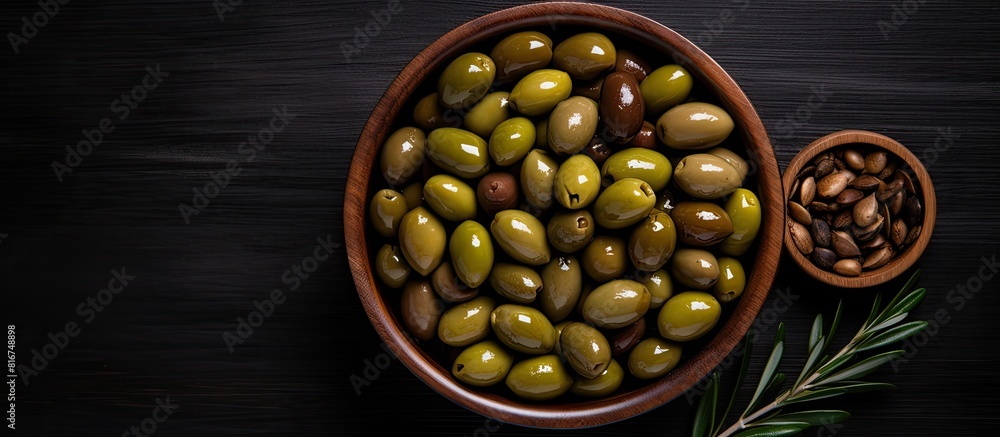 Poster a top down view of black and green olives along with olive oil all neatly presented in wooden bowls 