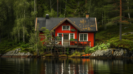 Obraz premium Red House by Lake