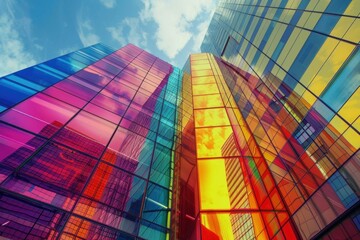 Vibrant colors reflect off the glass facade of a contemporary building against a blue sky