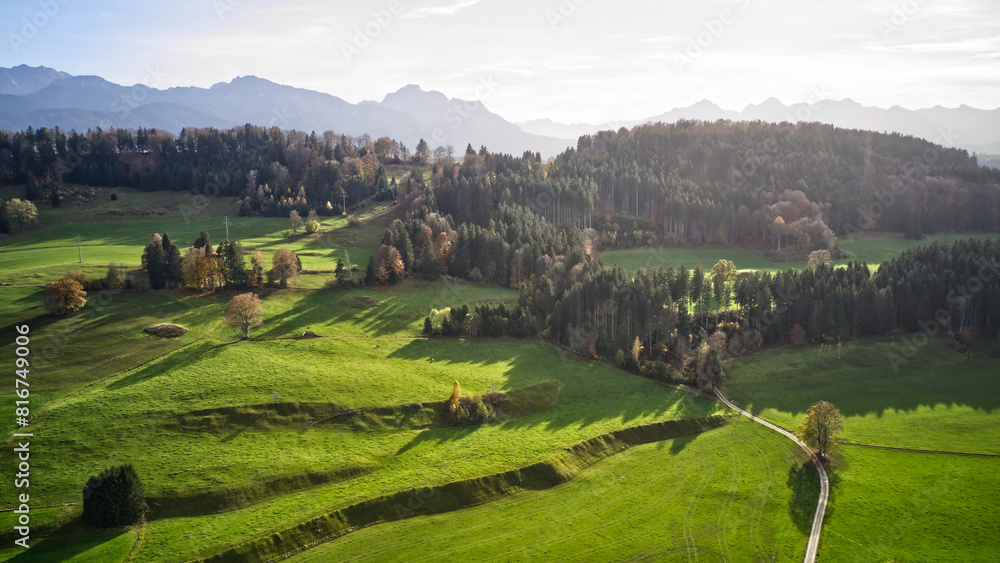 Wall mural idyllic landscape featuring lush green hills, trees and mountains with a forest in the backdrop.