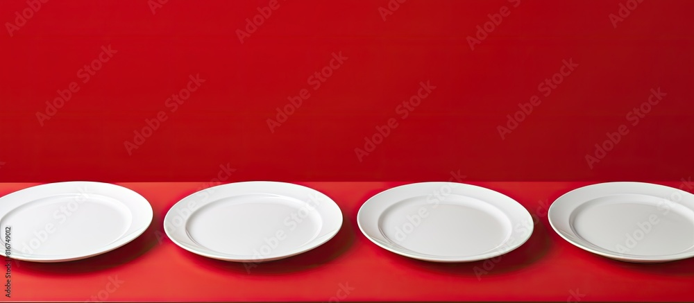 Poster there are three white plates placed on a red paper background with ample copy space for images