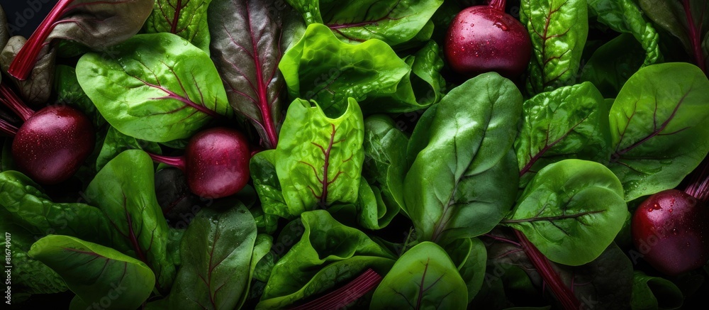 Poster a top down view of fresh arugula lettuce spinach and beets leaves arranged as a background for a sal