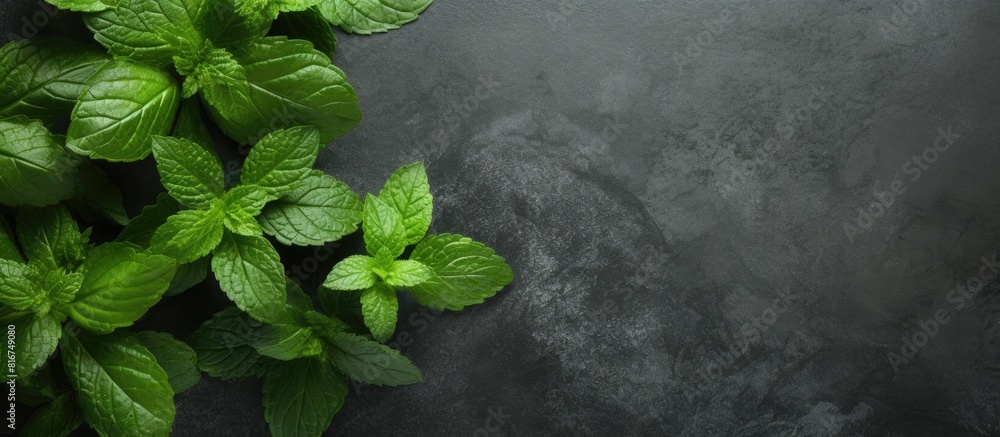 Poster a top down perspective of mint leaves placed on a stone table providing ample blank space for additi