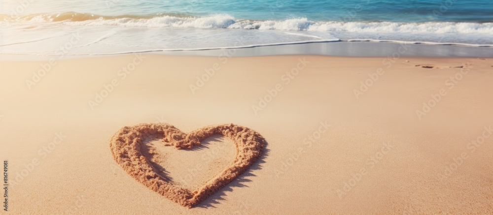 Poster beach background with a tinted heart drawn in the sand creating a copy space image