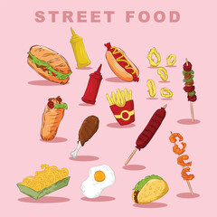 Bundle of street food illustrations on a pink background