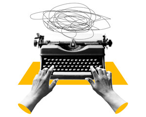 Cut out retro halftone collage with typewriter and hands.