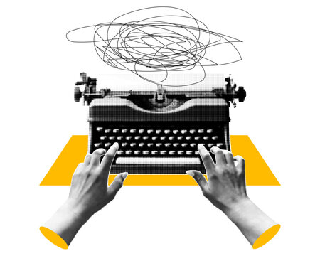Cut out retro halftone collage with typewriter and hands.