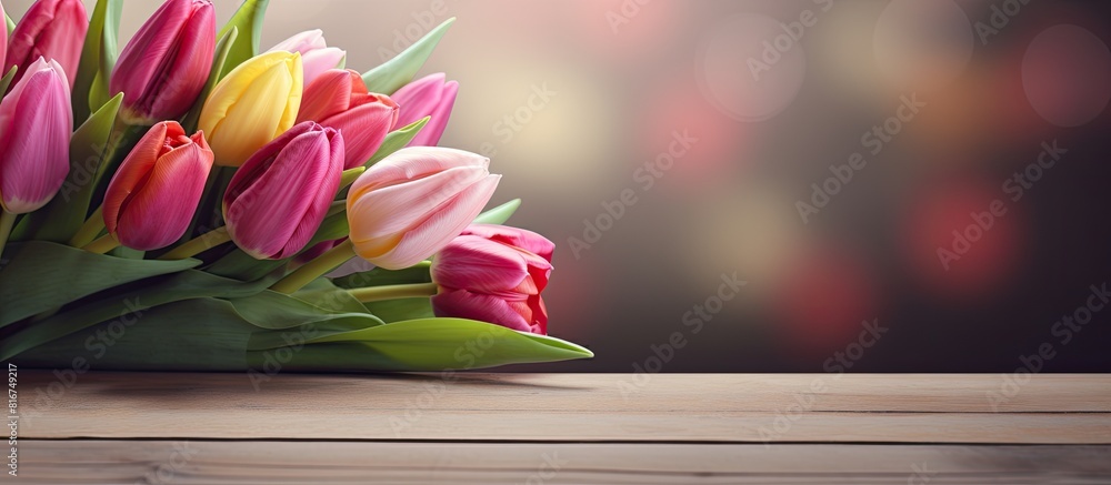 Poster wooden table adorned with a vibrant display of tulips creating a scenic flower background copy space