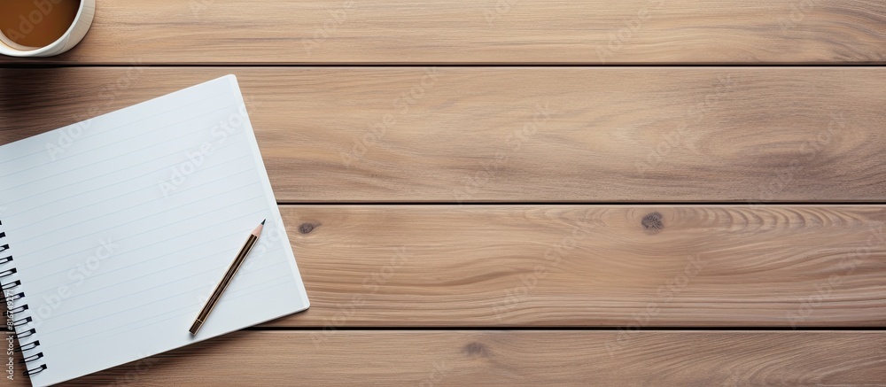 Aufkleber a wooden desk with a blank notebook and office supplies is shown from a top view the image has copy 