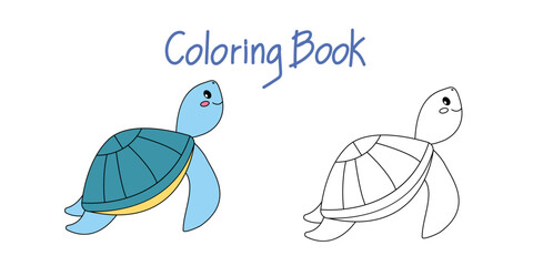 Vector illustration with a cute funny cartoon turtle in a coloring book. Cartoon animals, marine life. The template of the coloring page. Color and black-and-white versions