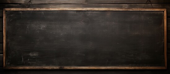 Copy space image of a black chalkboard suspended against a rustic wooden backdrop devoid of any...