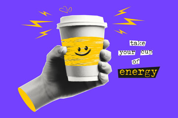 Halftone collage with hand that holds coffee. Banner for coffee shops. Take your cup of energy.