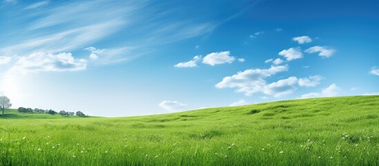 A sunny day creates a picturesque landscape with a green lawn stretching towards the sky leaving ample copy space