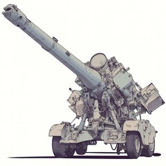 Anti-aircraft gun isolated on a white background, Sticker, Enthusiastic, Bright Colors, light art style, Contour, , White Background, Detailed