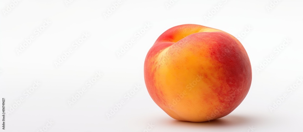 Poster A peach fruit captured solo on a plain white background creating a copious amount of copy space image
