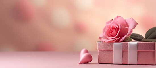 Valentine s Day concept with a small heart a red rose flower and a gift box on a pink background Copy space image