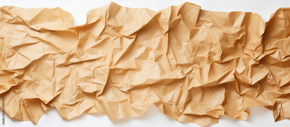 Poster an image showing crumpled brown baking paper sheets on a white background with copy space