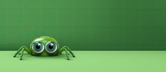 A funny concept with a copy space image shows an artificial spider laying down its eyes filled with fear on a green background The minimal abstract composition also includes a fancy shadow