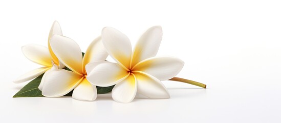 A Frangipani flower is shown in a copy space image with a white background