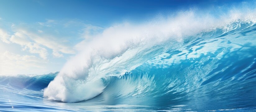 The image shows a stunning sunny day with vibrant blue skies where mighty waves crash vigorously It captures the exhilarating concept of extreme sports and leisure with a powerful wave backdrop offer