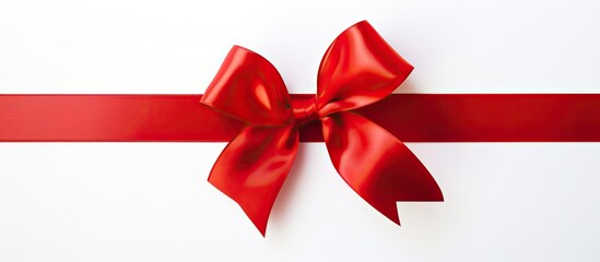 A shiny red ribbon stands out against a clean white background providing ample copy space for text or images