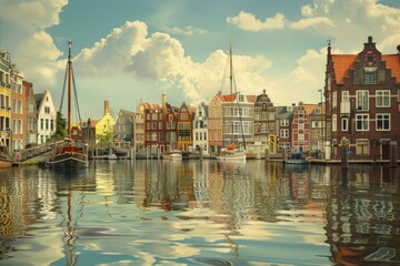 Fototapeta premium Scenic view of traditional dutch houses along a serene canal under a dramatic sky